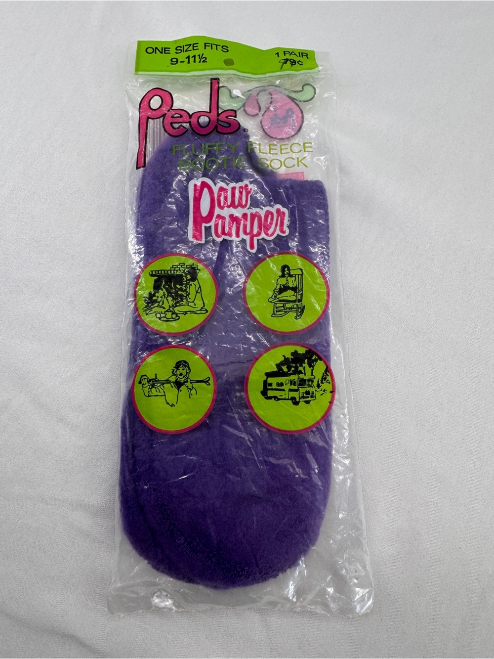 Vintage 1980's Peds Paw Pamper Fluffy Fleece Bootie Sock NOS Purple Size 9-11.5